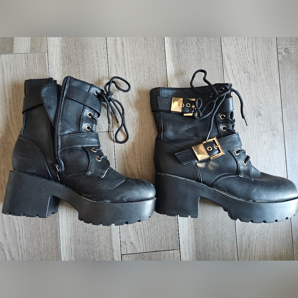 platform black pleather boots gold buckle zipper with shoes laces from Camden uk